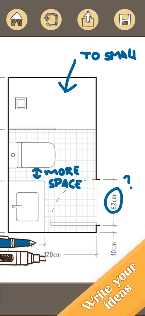 Grocery List - Shopping Simple - Interfaz de la aplicación Lista de la Compra mostrando notas y dibujos sobre una foto de un plano técnico cargada
