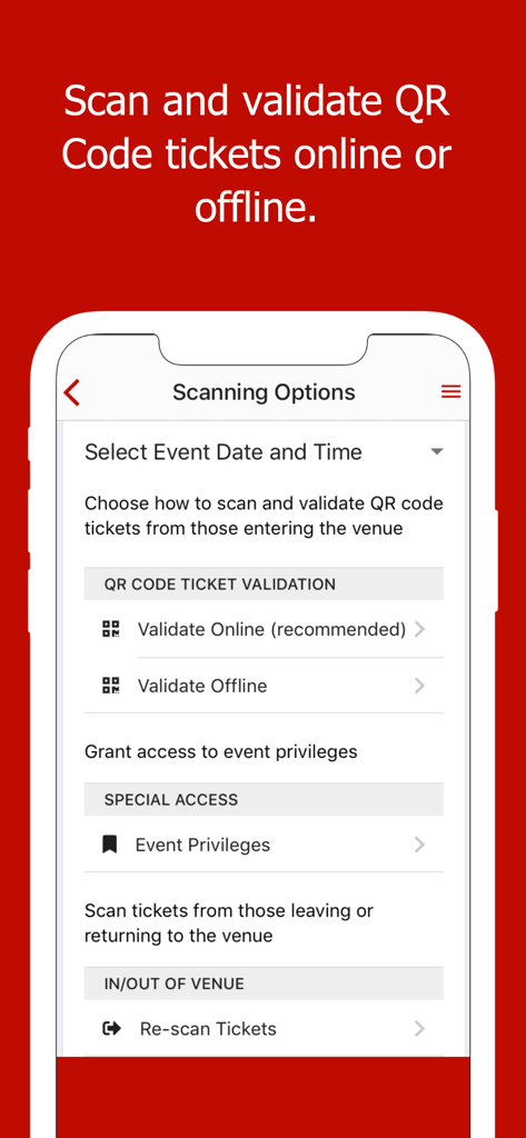 Mobile app screen showing options to scan and validate QR code tickets online or offline