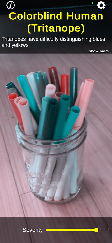 다채로운 펜 병에 트리타노피 색맹 시뮬레이션을 보여주는 CreatureVision 앱 화면