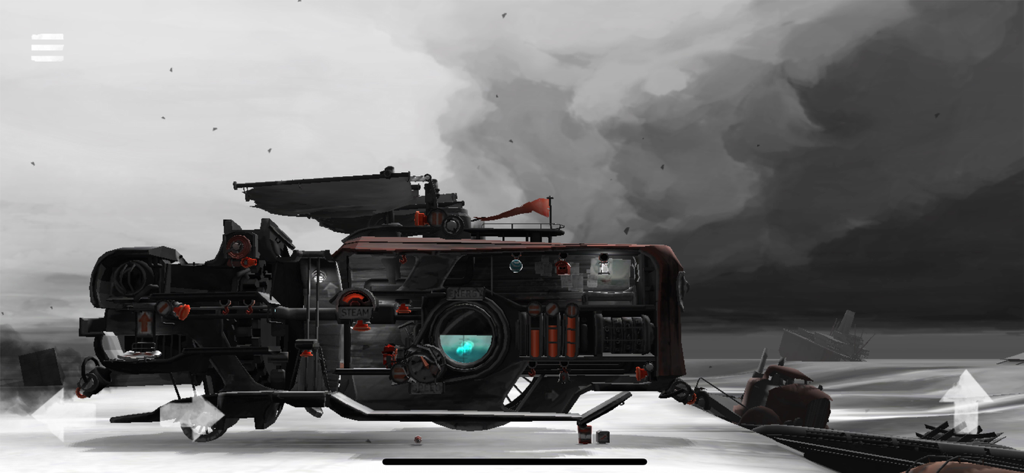 FAR: Lone Sails - Seitenansicht eines großen mechanischen Landfahrzeugs in einer trostlosen Landschaft aus dem Spiel FAR Lone Sails