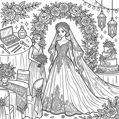 Step into a world of bridal elegance with this exquisite wedding-themed coloring page. Featuring a stunning bride, a bridesmaid, and intricate details, it's a celebration of fashion and love awaiting your creative touch.