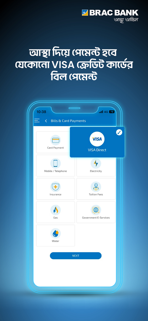 BRAC Bank Astha - Mobile interface of BRAC Bank Astha app showing bill and card payment options including Visa Direct.