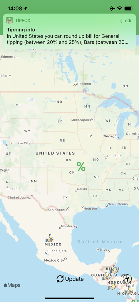 TipFox - TipFox mobile app displaying a map of the United States with a notification showing local tipping percentages