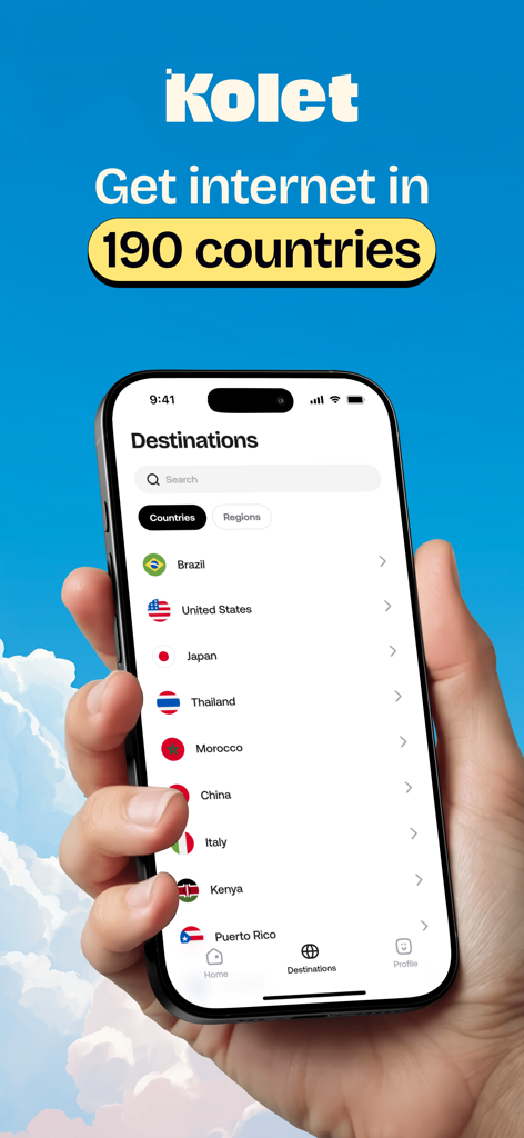 iPhone showing Kolet app with a list of global destinations for international travel eSIM data