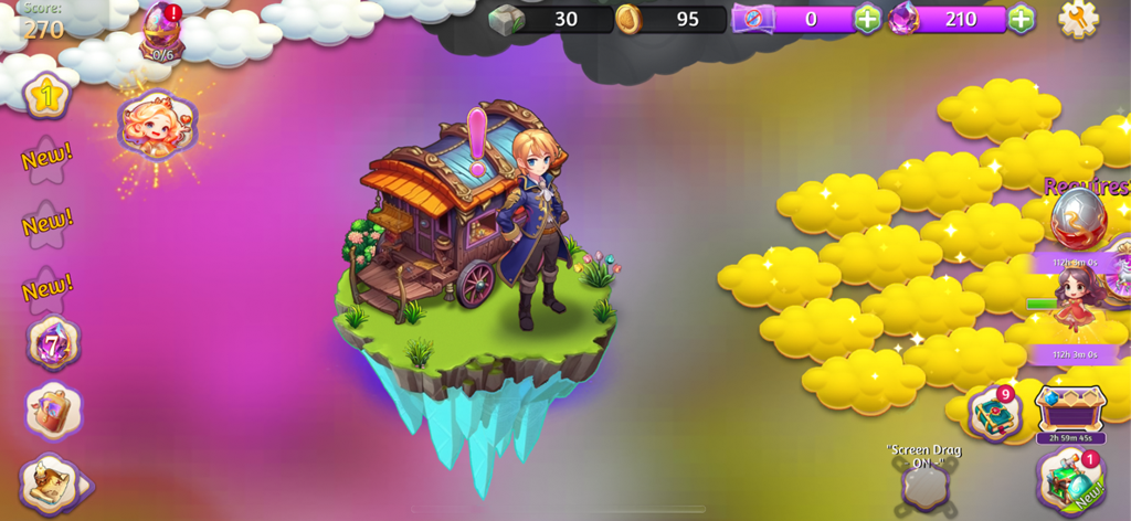 A male character standing on a small floating island next to a magical carriage in the Merge Magic Princess game interface.