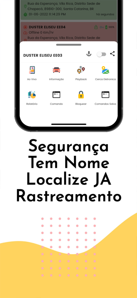 Localize JA Rastreamento - Interface do aplicativo Localize JA Rastreamento mostrando recursos de rastreamento veicular, incluindo rastreamento ao vivo e bloqueio remoto