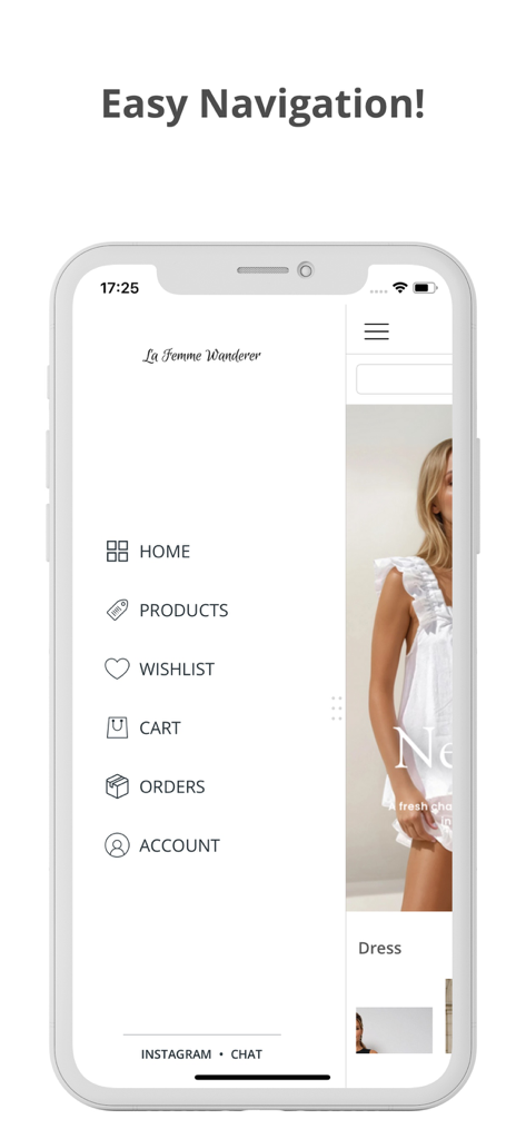 La Femme Wanderer - A mobile interface screenshot of the La Femme Wanderer app showing a clean minimalist navigation menu with options for home products wishlist cart and account.
