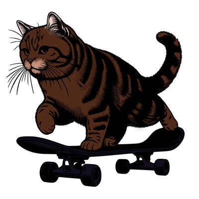 realistic cat riding a skateboard