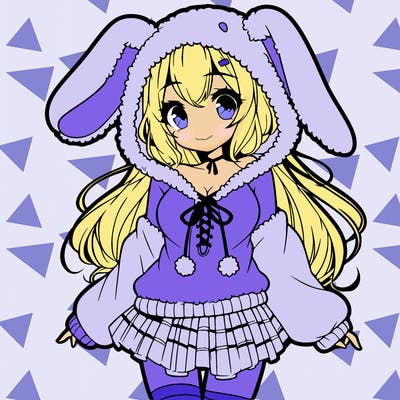 pretty anime girl wearing a fluffy hoodie with bunny ears on the hood and a skirt