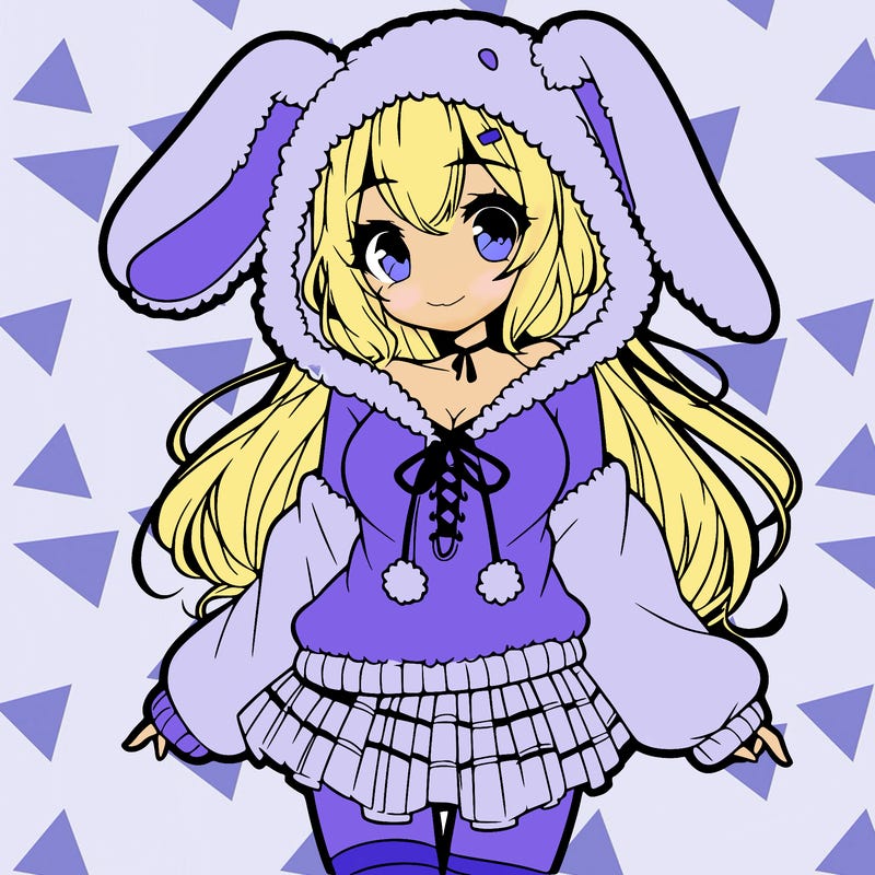 pretty anime girl wearing a fluffy hoodie with bunny ears on the hood and a skirt