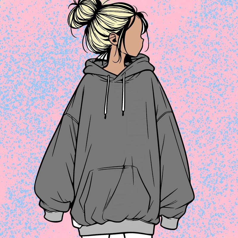 realistic girl with a oversized sweatshirt on and a bun