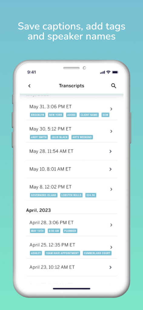 Live Caption AI - A list of saved transcripts in the Live Caption AI app organized by date with descriptive tags for easy searching