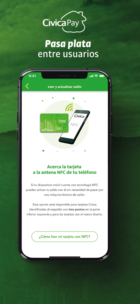Civica - Civica app interface showing how to update a transit card balance using NFC on a smartphone.
