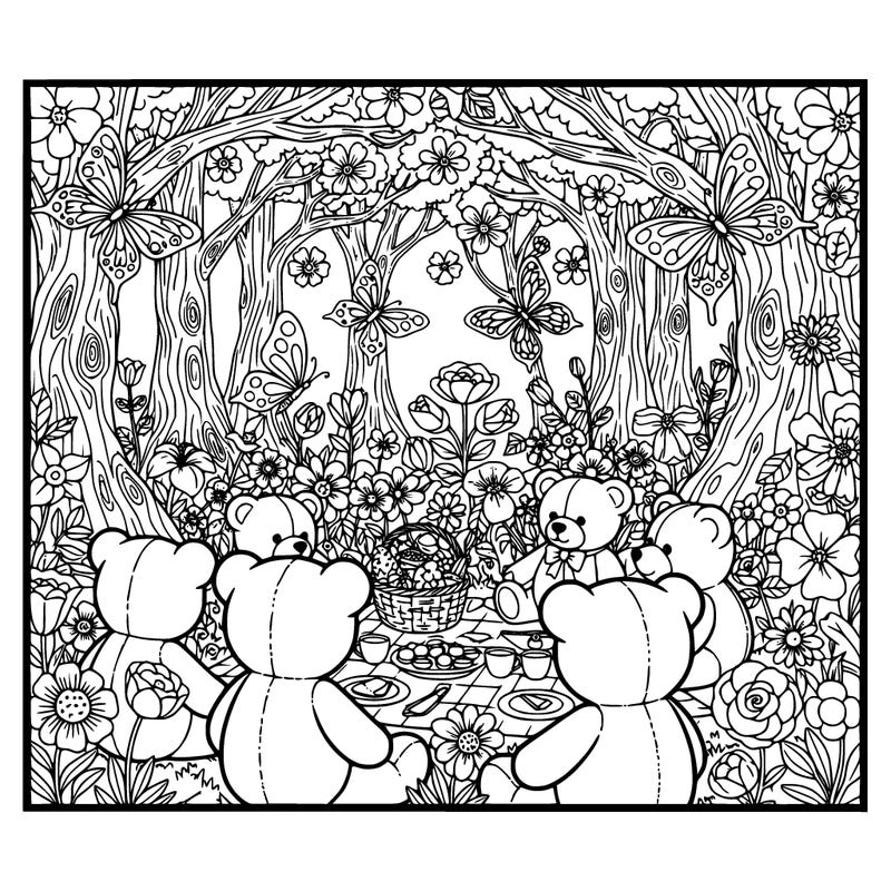 teddy bears picnic, mystical forest with lots of flowers and butterflies