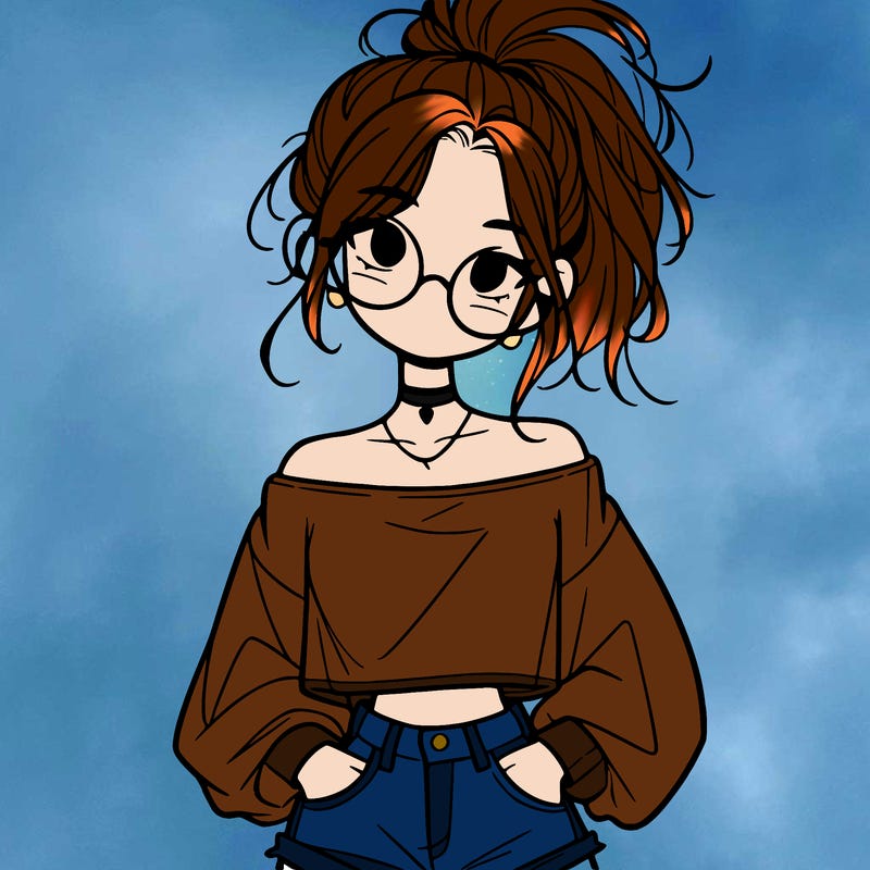 girl with a messy ponytail glasses a baggy crop top and jean shorts