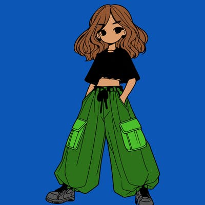 girl in baggy pants crop top long hair