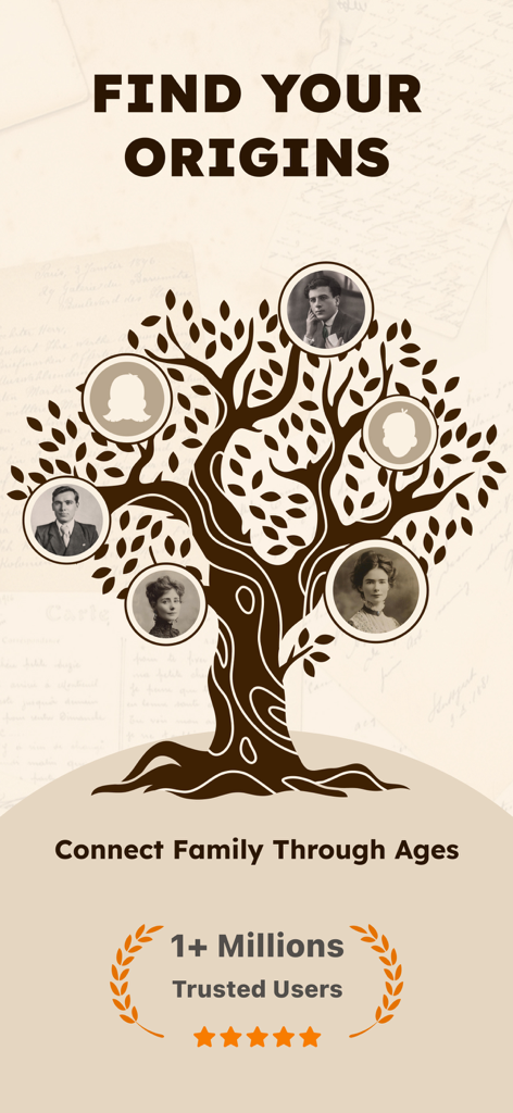 Stylized tree illustration with vintage family portraits and the headline Find Your Origins