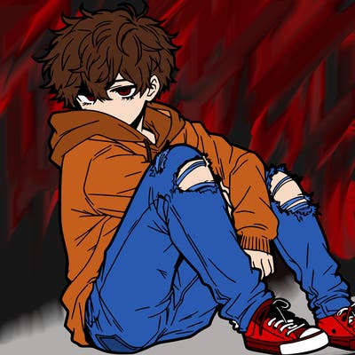 a male hoddie ripped jeans messy hair anime
