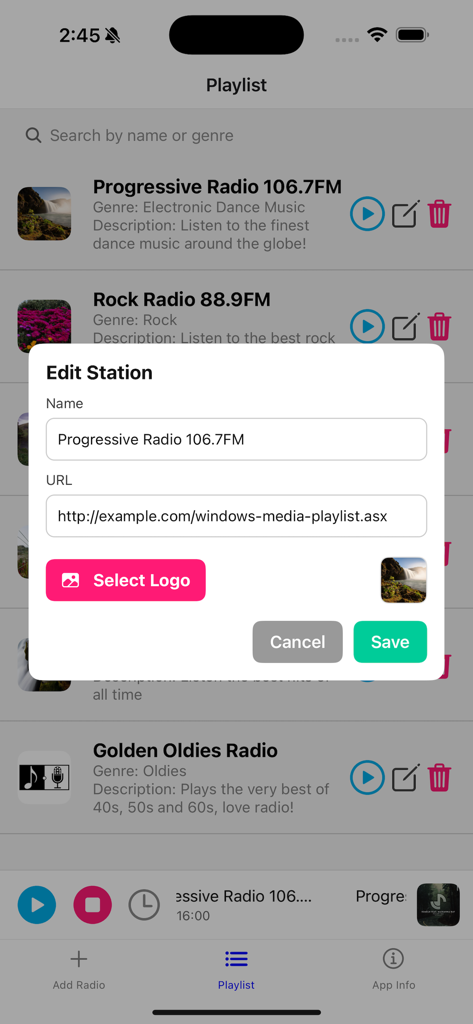 Radio: Create Stations - Interface pour modifier le nom et l'URL du flux d'une station radio dans l'application Radio