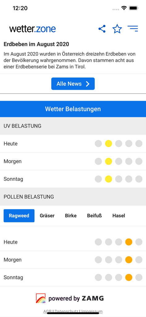 A mobile app screen showing UV exposure and pollen load forecasts for the upcoming days with ZAMG data.