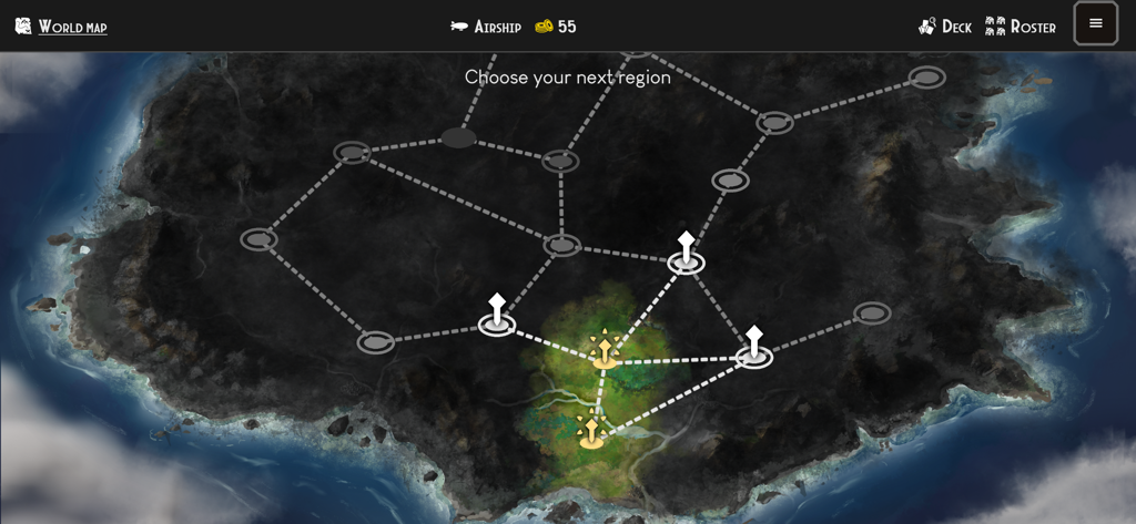 Dawnmaker - A strategic world map view in Dawnmaker showing regions to explore and reclaim from the smog.