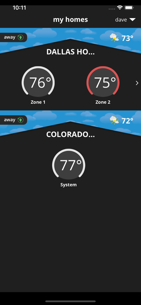 Dashboard of the iComfort T-Stat app displaying temperature settings for multiple homes in Dallas and Colorado.