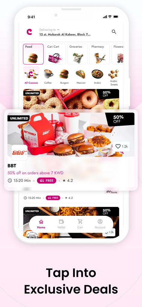 Cari: The best food delivered - Cari app interface showing food categories and restaurant deals with free delivery