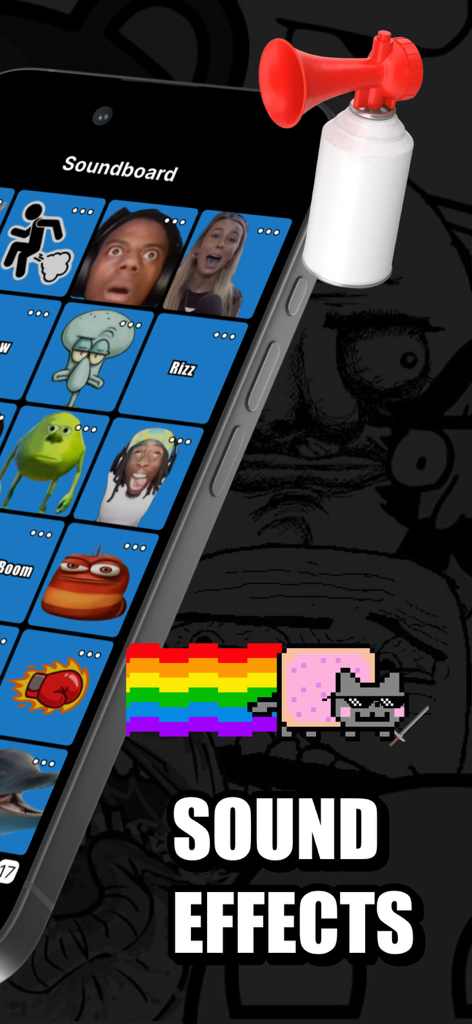 A mobile app interface displaying a grid of popular meme buttons and sound effects
