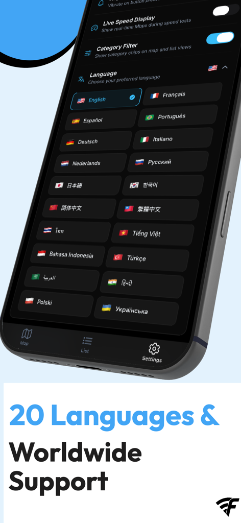 WiFi Finder - Password Map - Pantalla de selección de idioma en la aplicación WiFi Finder con 20 idiomas diferentes