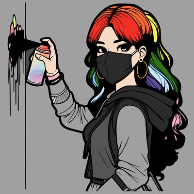 realistic girl with mask spray painting a wall