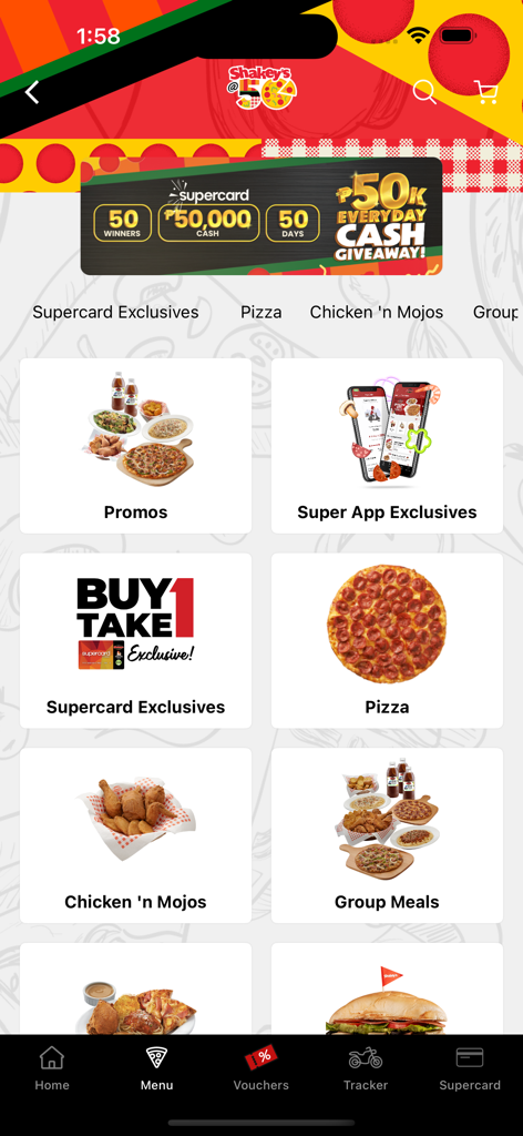 Shakey's Super App interface showing food categories like pizza, chicken and mojos, and exclusive supercard offers