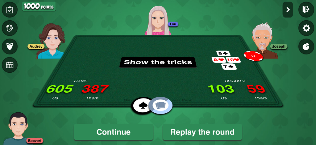 Interface de jeu de cartes Belote numérique pour quatre joueurs avec affichage du score en temps réel