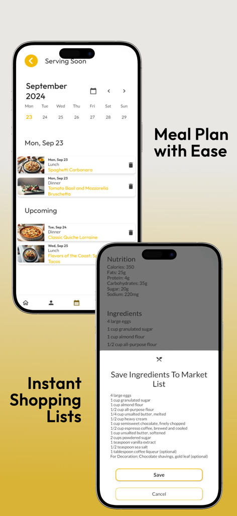 Kasper AI Master Private Chef - Pantallas de planificación de comidas y lista de compras de la aplicación Kasper AI
