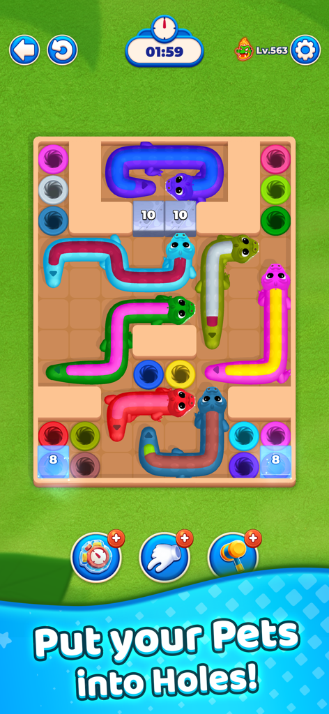 Pet Tunnel Puzzle - Gameplay level of Pet Tunnel Puzzle showing colorful snake-like animals on a grid with matching colored holes.