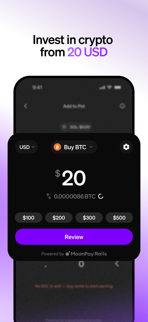 Interface do aplicativo MoonPay mostrando a opção de comprar Bitcoin a partir de vinte dólares
