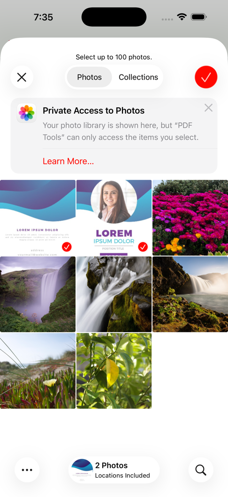 Photos PDF - Pdf Converter - Interfaz de la aplicación Photos PDF mostrando una cuadrícula de selección de fotos con una notificación de acceso a la privacidad