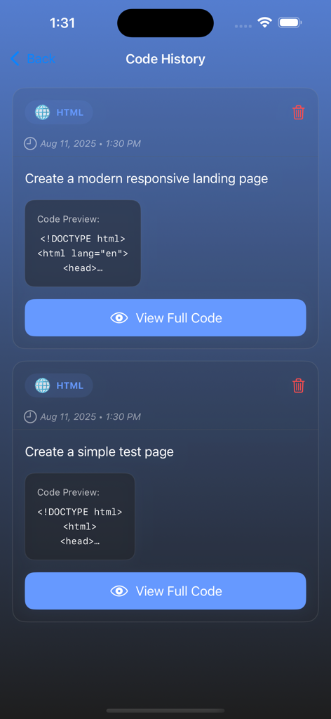 AI Website Builder - 生成されたウェブサイトのコード履歴を表示する画面。完全なHTMLコードを表示するオプション付き。