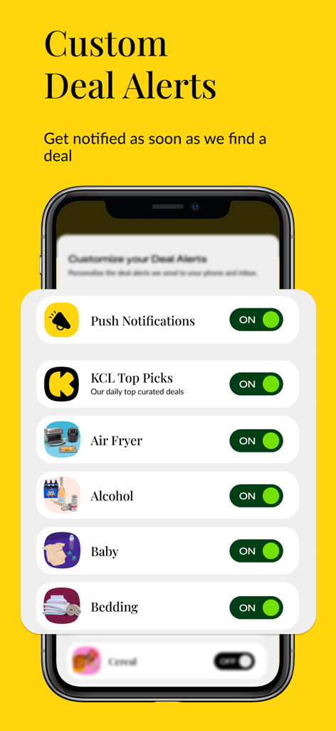Mobile app interface showing custom deal alert settings with toggles for categories like baby and bedding