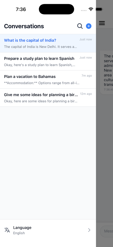 Captura de tela do aplicativo Cortex Local AI mostrando uma lista de threads de conversas privadas, como planejamento de viagens e estudo de idiomas