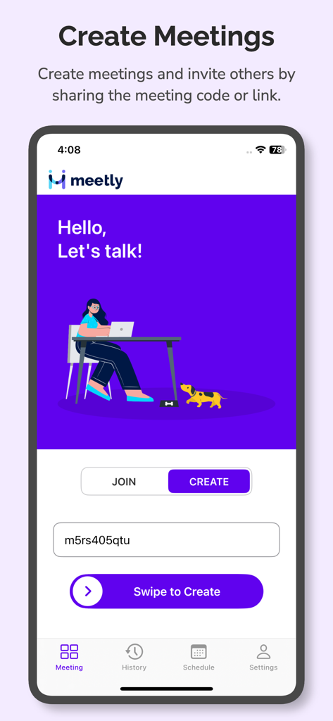 Meetly - Video Meetings - Interfaz de la aplicación Meetly para crear una nueva videollamada con un código único.