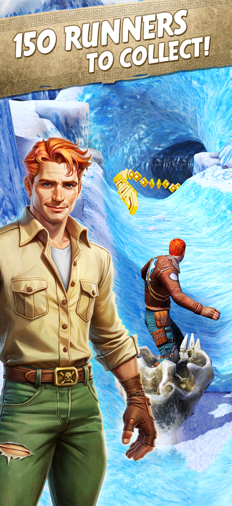 Temple Run 2 gameplay in a frozen ice cave environment featuring collectible character Guy Dangerous.