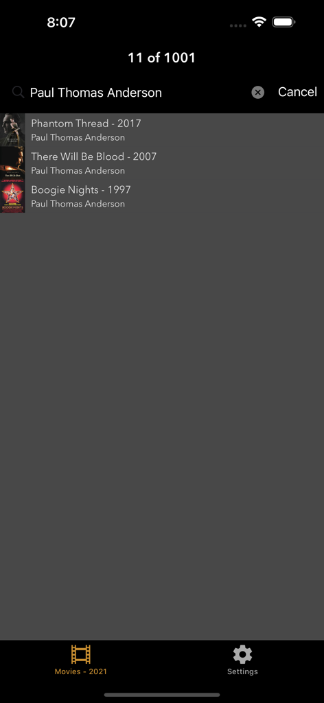 Search results for Paul Thomas Anderson in the 1001 Movies app showing titles like Phantom Thread and There Will Be Blood.