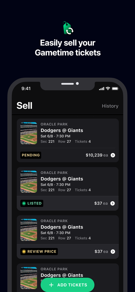 Interface of the Gametime mobile app showing the ticket selling screen with listings for a Dodgers at Giants baseball game