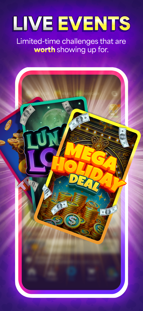 Solitaire Skillz - Win Cash - Tela do aplicativo Solitaire Skillz exibindo eventos ao vivo e desafios de prêmios em dinheiro por tempo limitado
