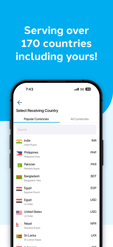 La aplicación Lulu Money mostrando una lista de países compatibles para transferencias internacionales