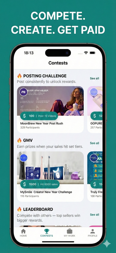 Euka Creator 앱 화면에 현금 보상을 얻기 위한 인플루언서 대상 다양한 대회 및 챌린지 표시됨