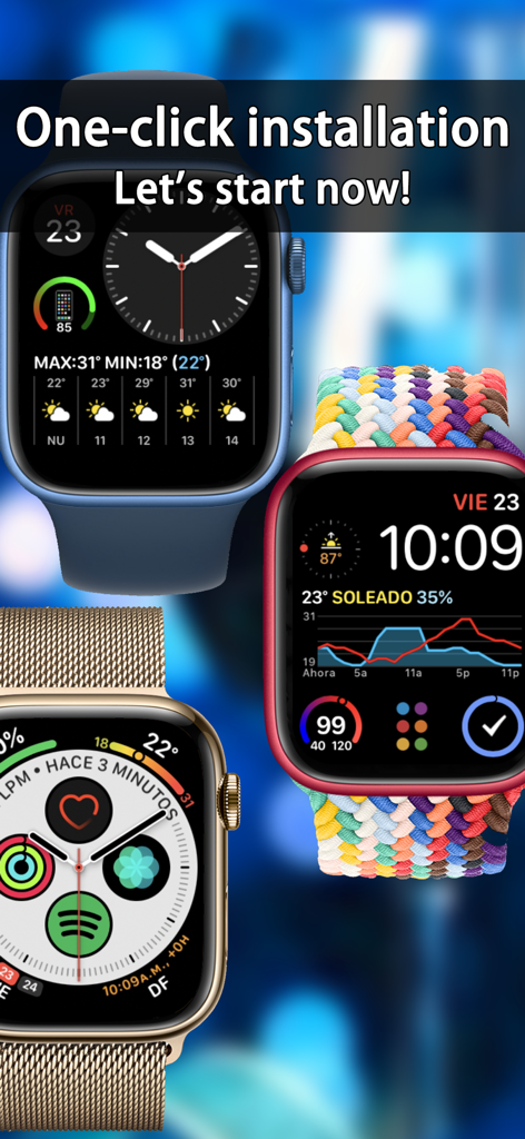 Watch Faces Pro - UltraFace - Three different Apple Watches showing custom watch faces with various health and weather complications and a headline about one-click installation.