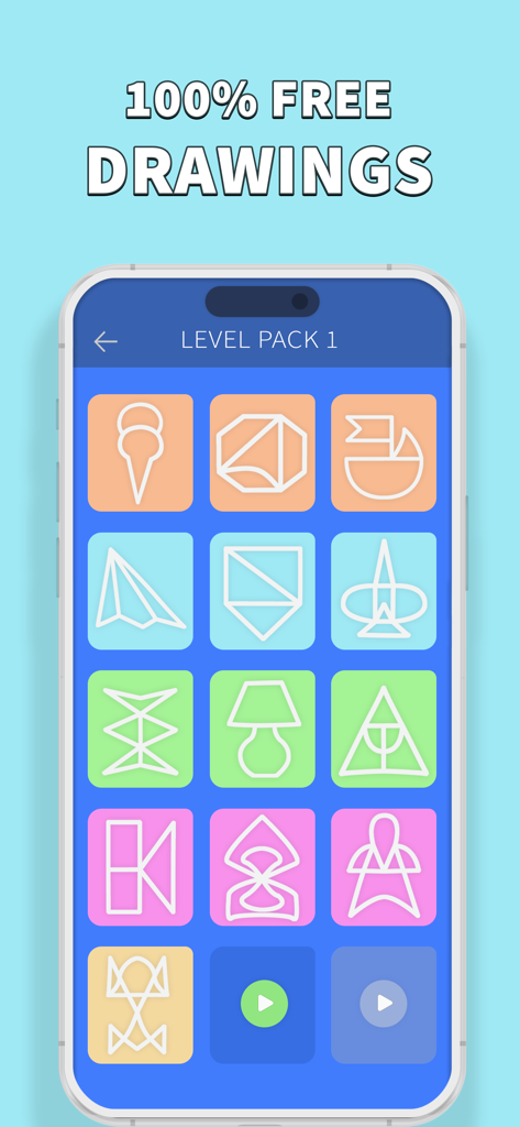 A collection of geometric one-stroke drawing puzzles in the level selection screen