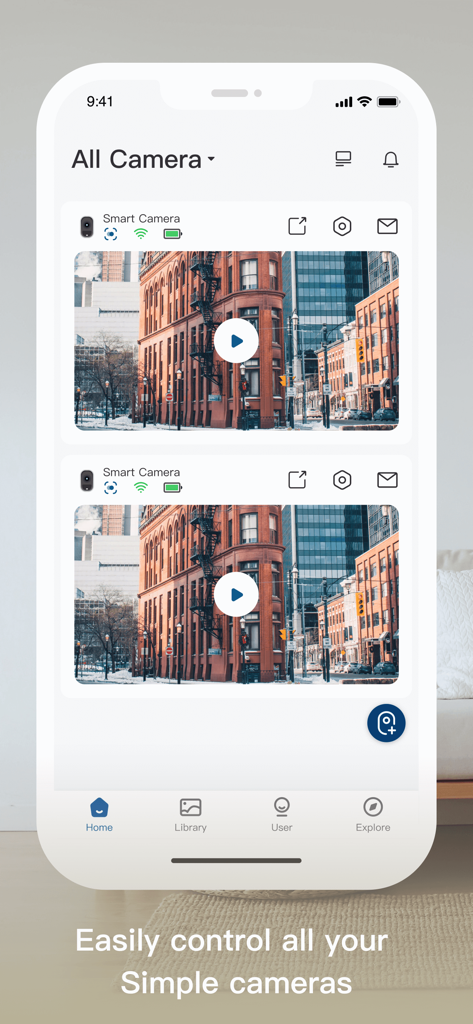 EOOEIES smart security camera app dashboard showing a list of connected cameras.