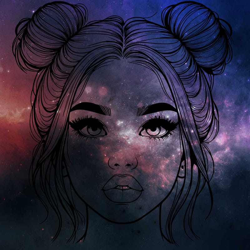 realistic girl with two buns on her hair and lips